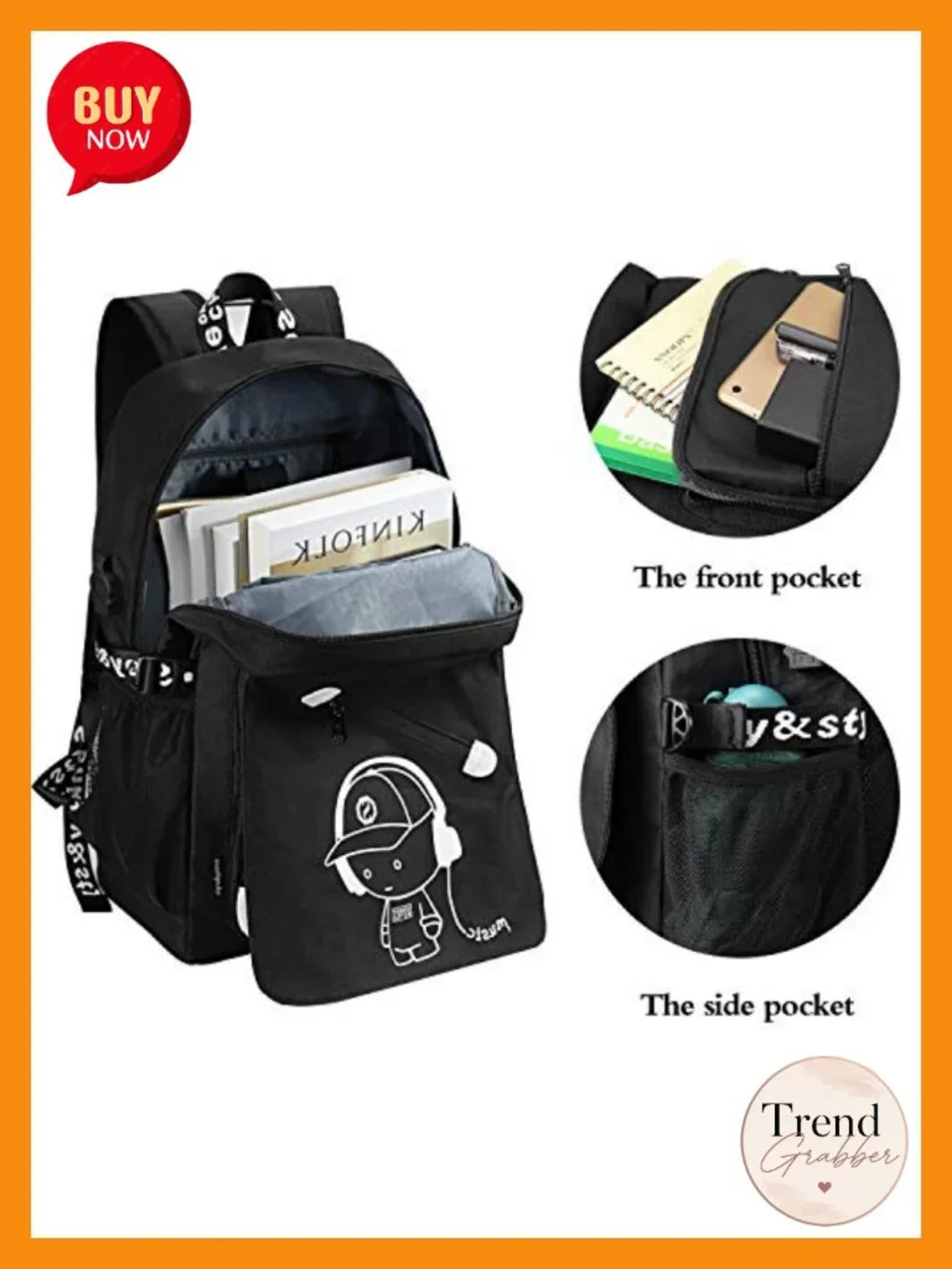 Cartoon Luminous Backpack with USB Charging Port, Anti-theft Lock, 15.6 Inch